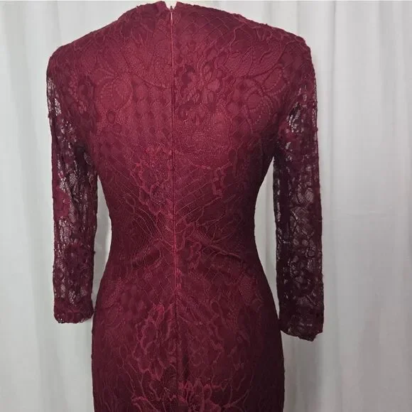 Jessica Simpson Burgundy Lace Overlay 3/4 Sleeve Midi Dress Sz 4 - Picture 11 of 12